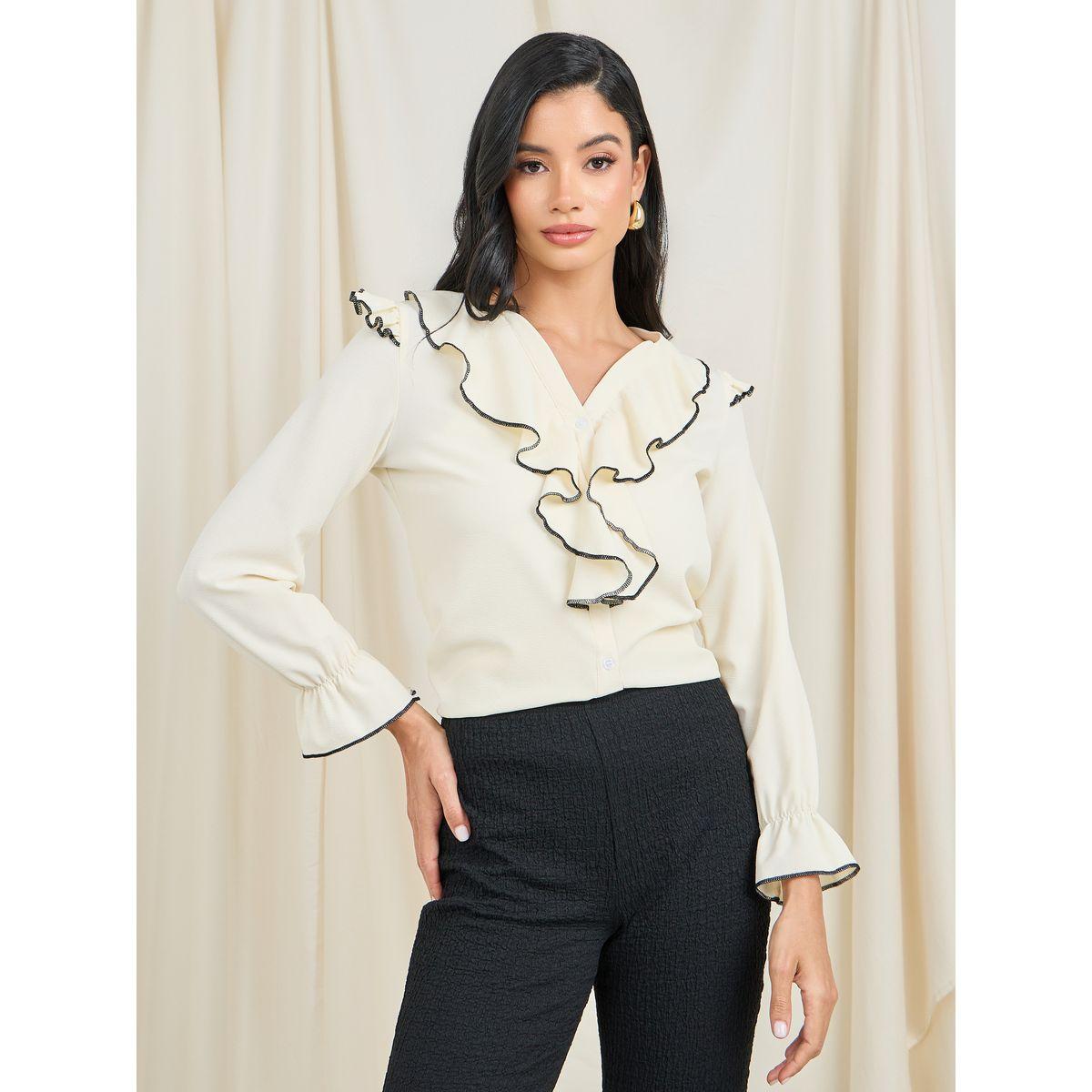 Styli Ruffle Detail V Neck Blouse-women-clothing-shirtsandblouses-blouses-image-1