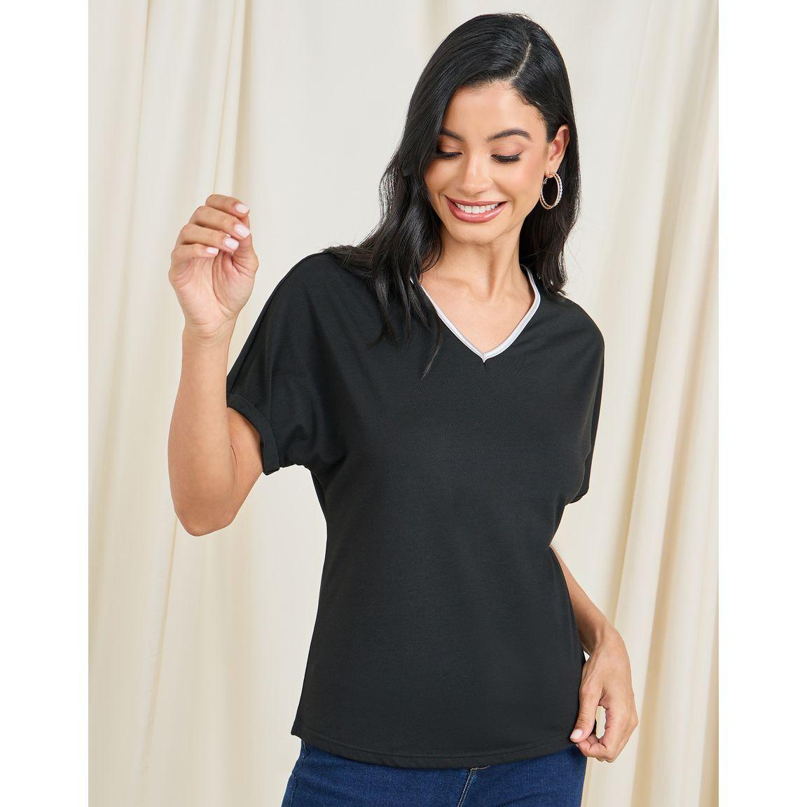 Styli Melange Textured Foil V Neck T-Shirt-women-clothing-tshirts-image-1
