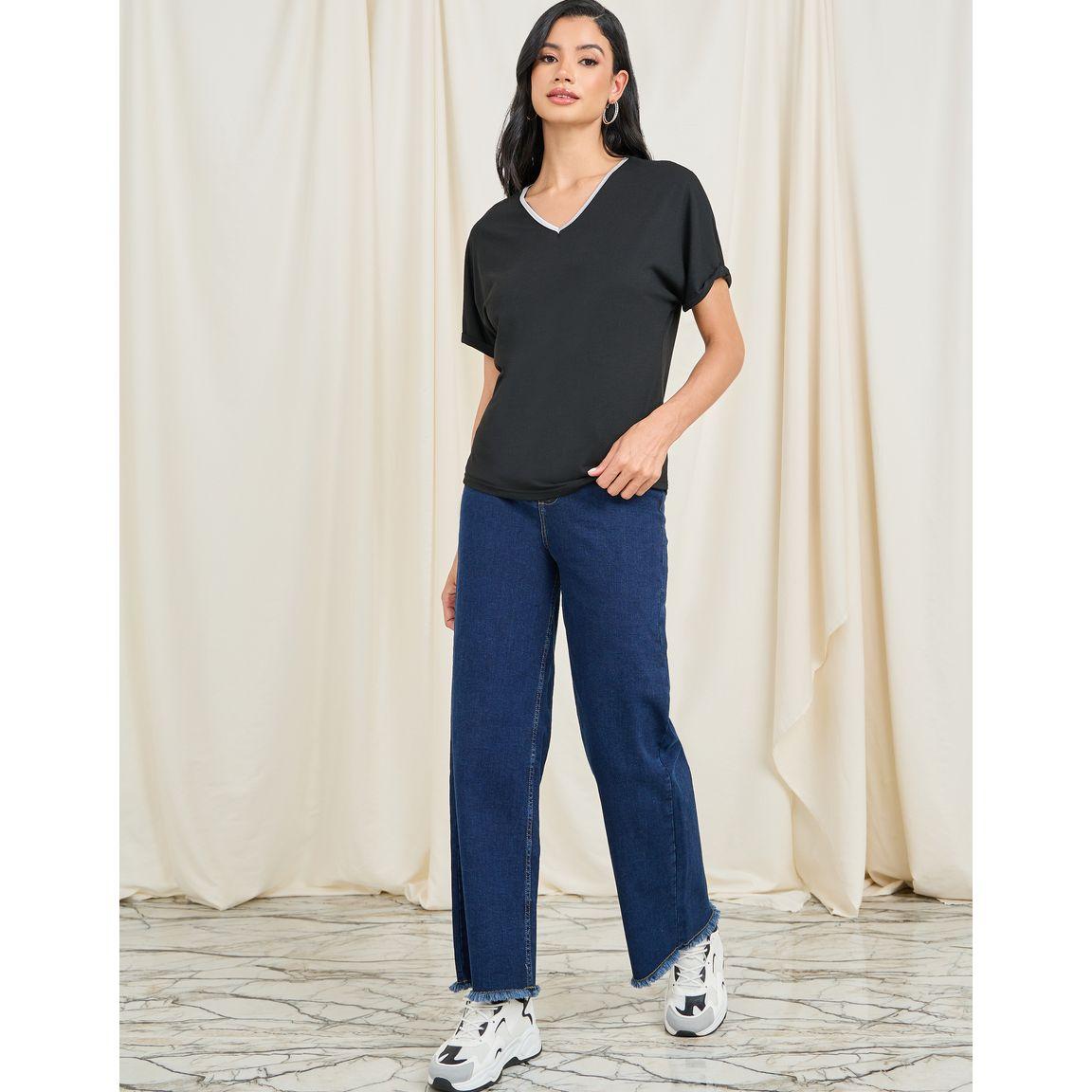 Styli Melange Textured Foil V Neck T-Shirt-women-clothing-tshirts-image-2