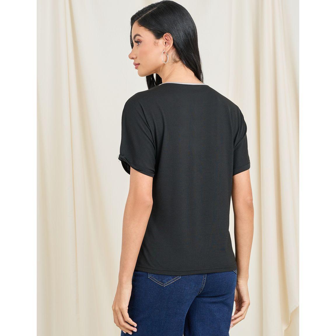 Styli Melange Textured Foil V Neck T-Shirt-women-clothing-tshirts-image-4