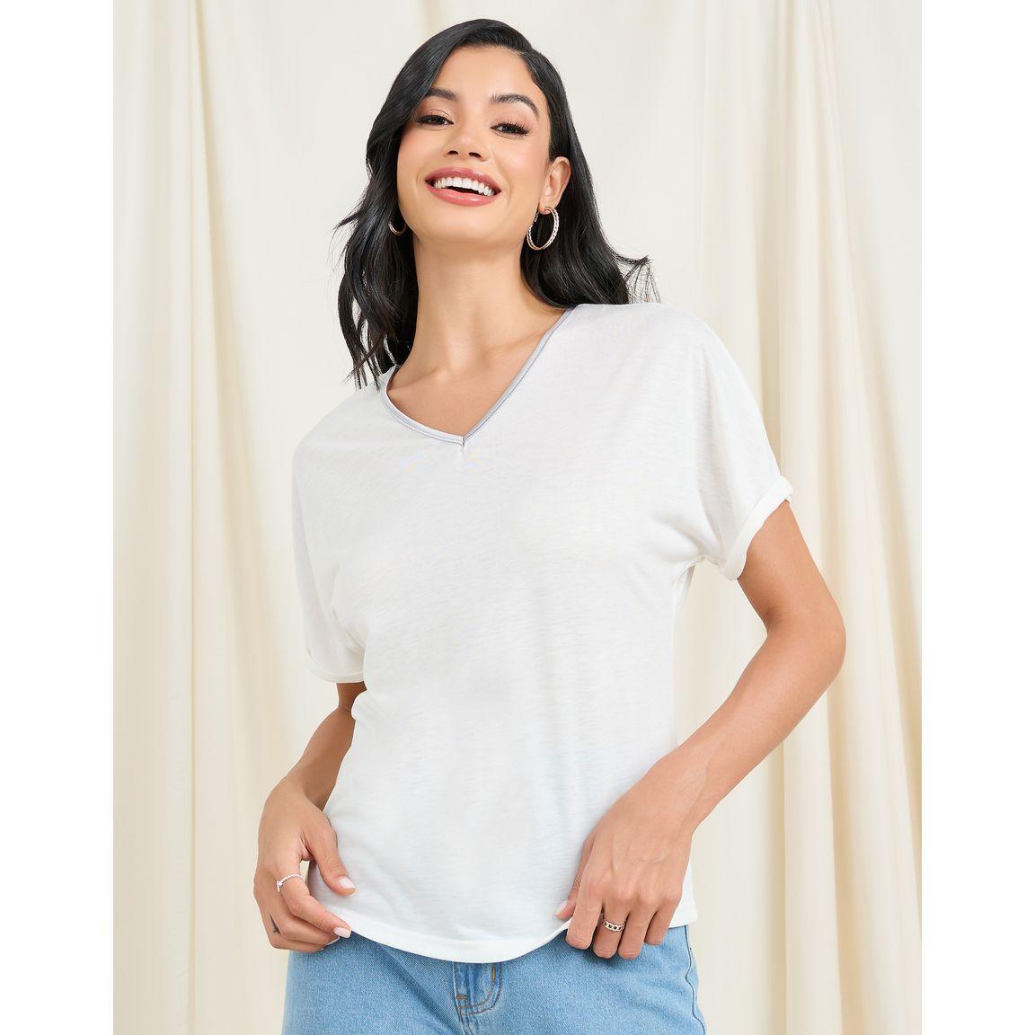 Styli Melange Textured Foil V Neck T-Shirt-women-clothing-tshirts-image-1