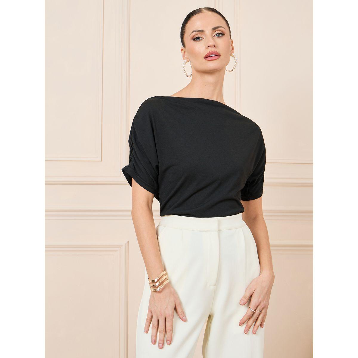 Styli Ruched Sleeve Boat Neck Fitted T-Shirt-women-clothing-tshirts-image-1