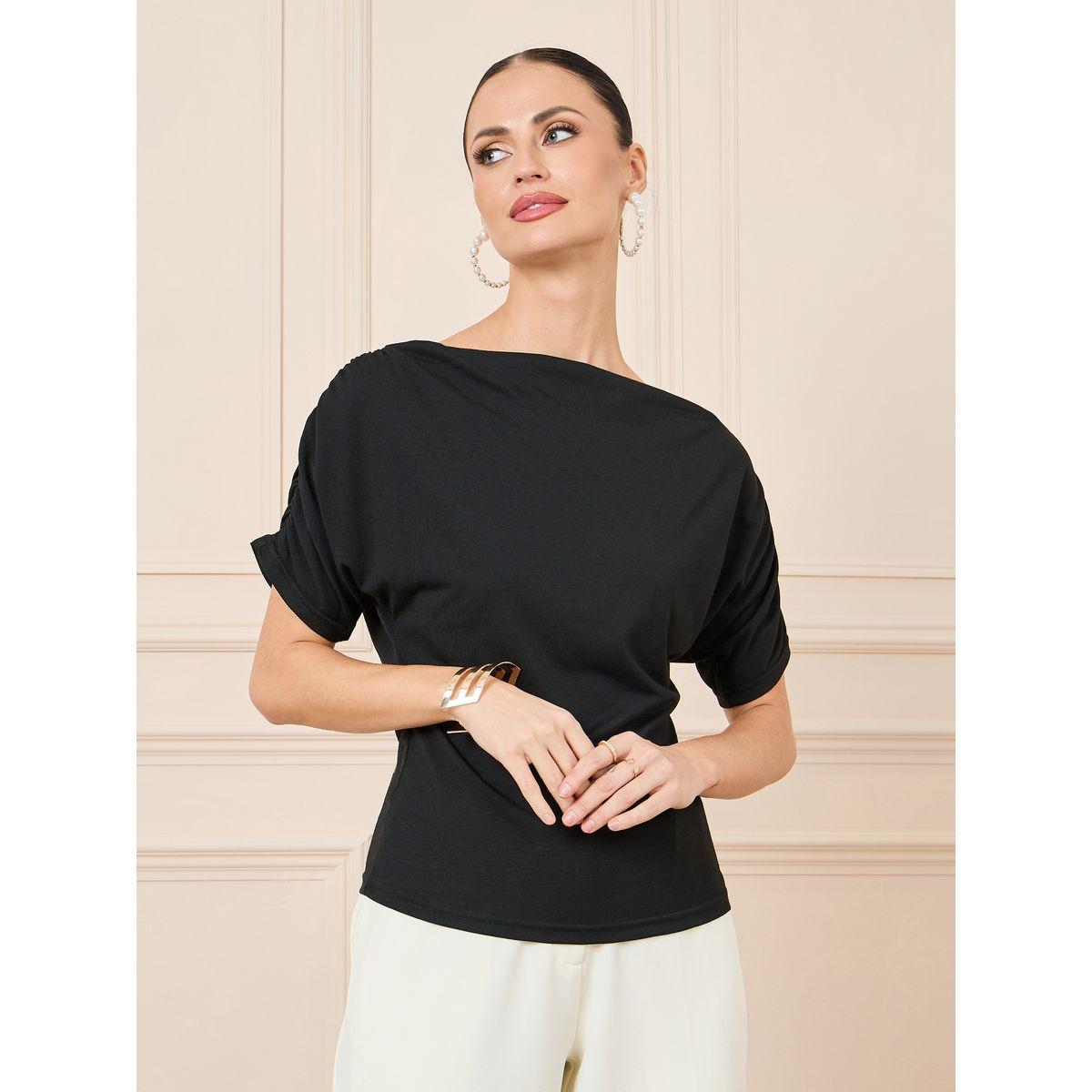 Styli Ruched Sleeve Boat Neck Fitted T-Shirt-women-clothing-tshirts-image-2