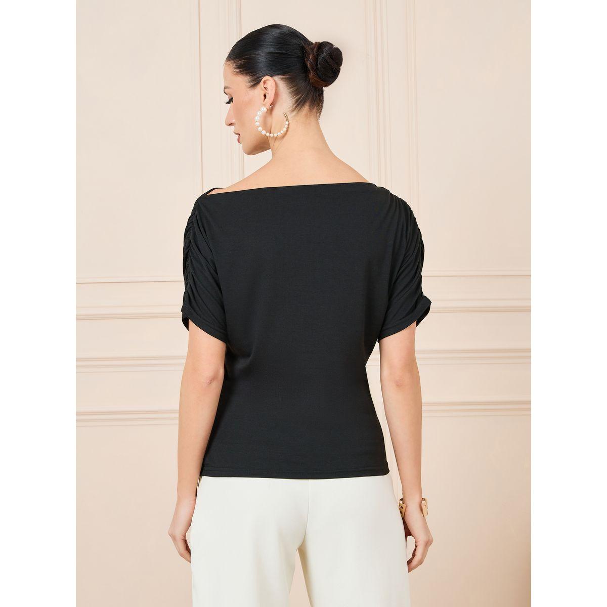 Styli Ruched Sleeve Boat Neck Fitted T-Shirt-women-clothing-tshirts-image-5
