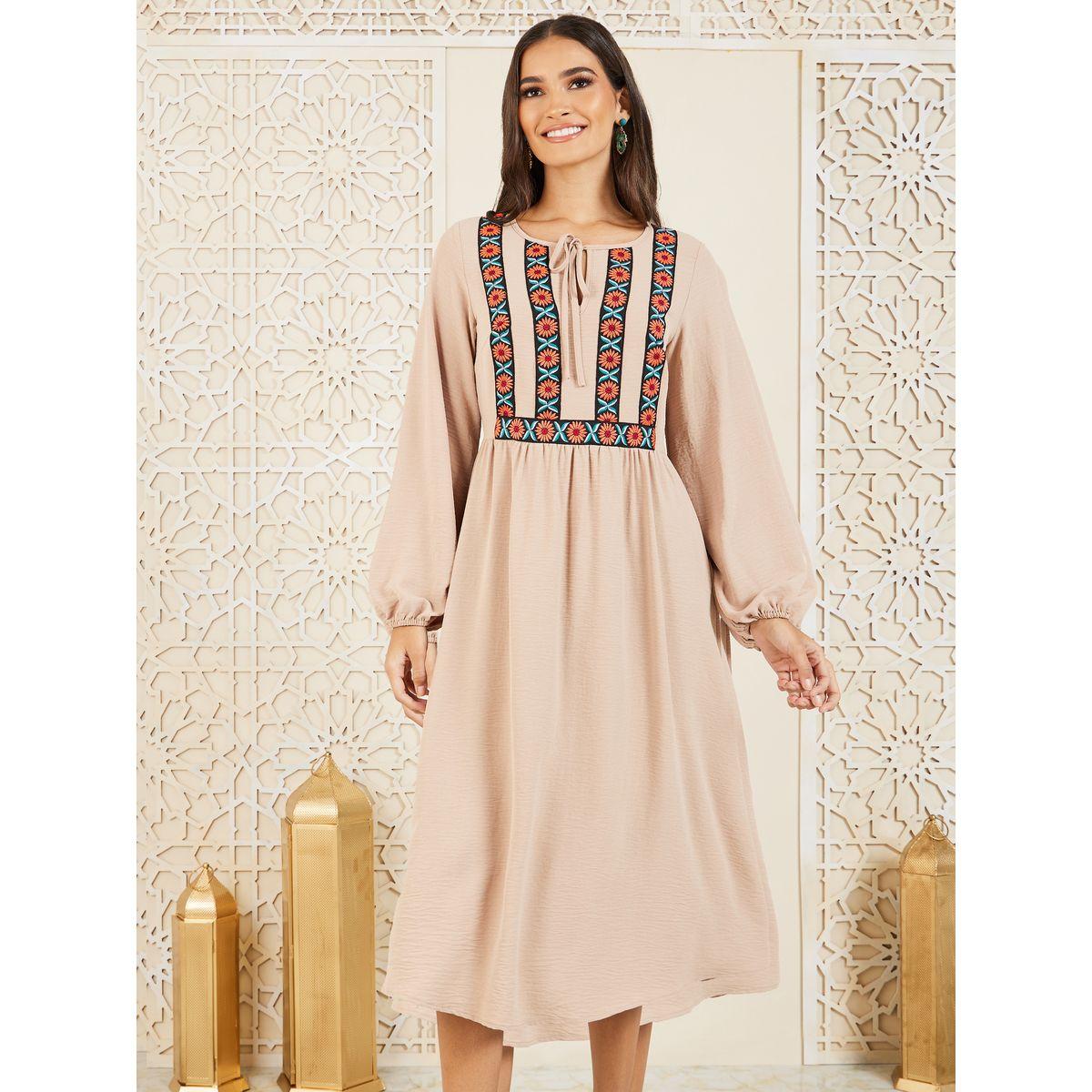 Styli Embroidered Tie Up Neck A-Line Shift Midi Dress-women-clothing-dresses-image-2