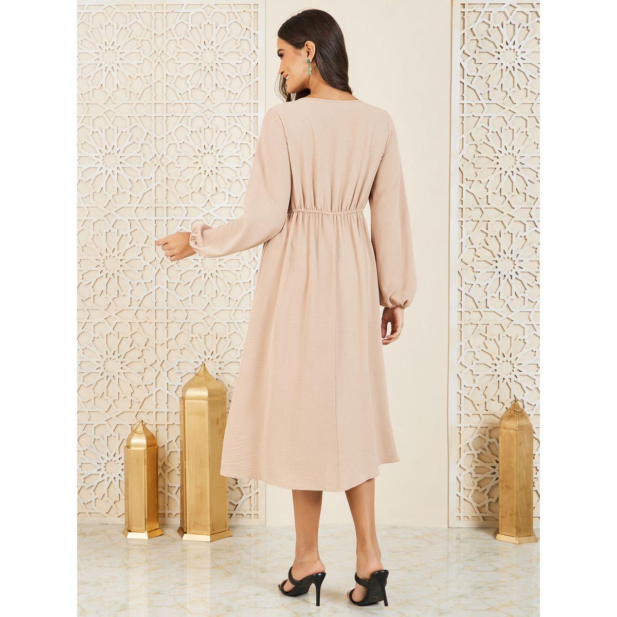 Styli Embroidered Tie Up Neck A-Line Shift Midi Dress-women-clothing-dresses-image-4