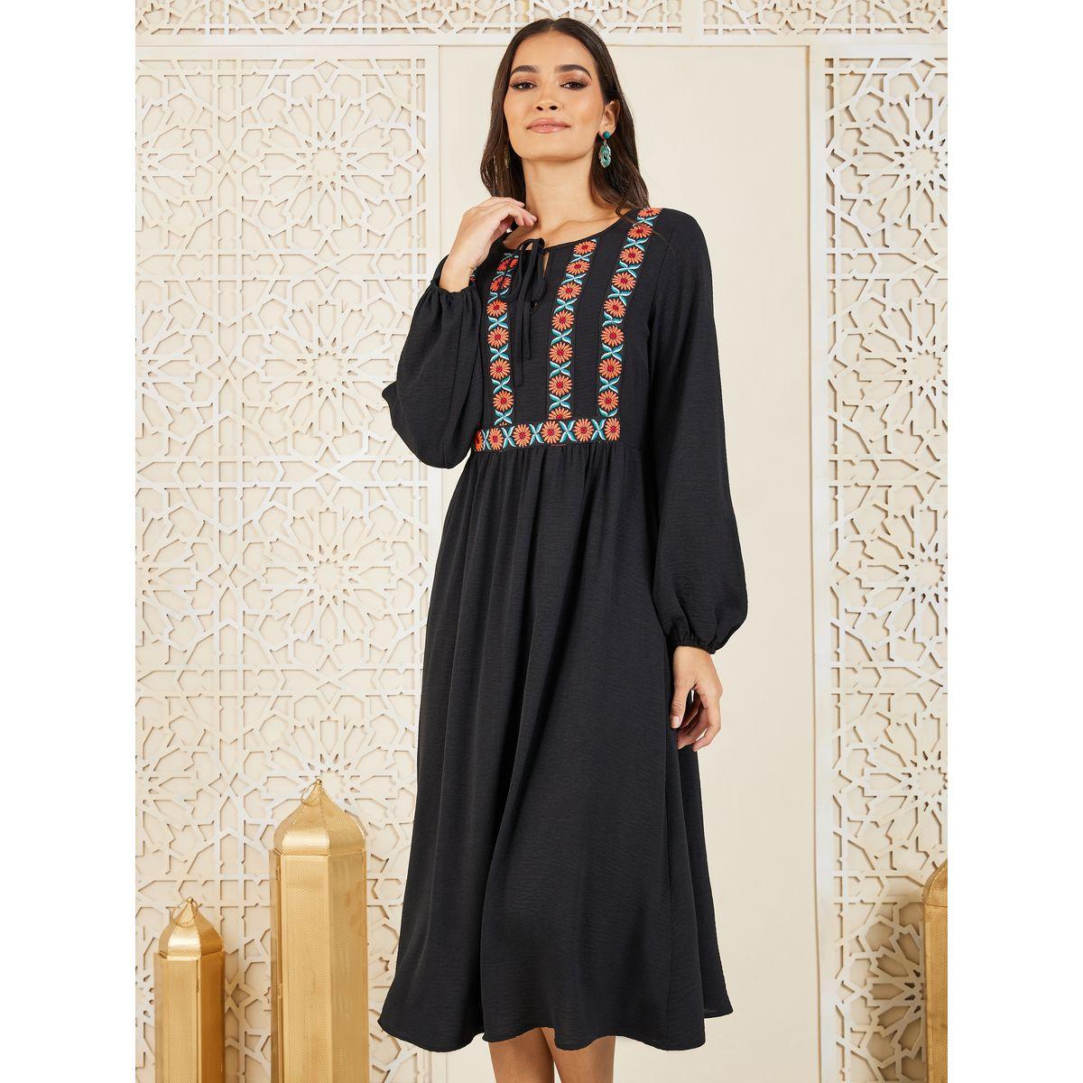 Styli Embroidered Tie Up Neck A-Line Shift Midi Dress-women-clothing-dresses-image-2