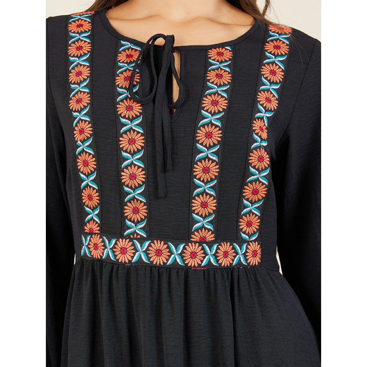 Styli Embroidered Tie Up Neck A-Line Shift Midi Dress-women-clothing-dresses-image-3