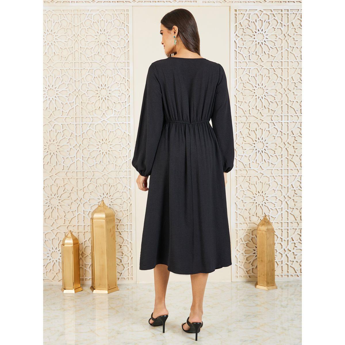 Styli Embroidered Tie Up Neck A-Line Shift Midi Dress-women-clothing-dresses-image-4