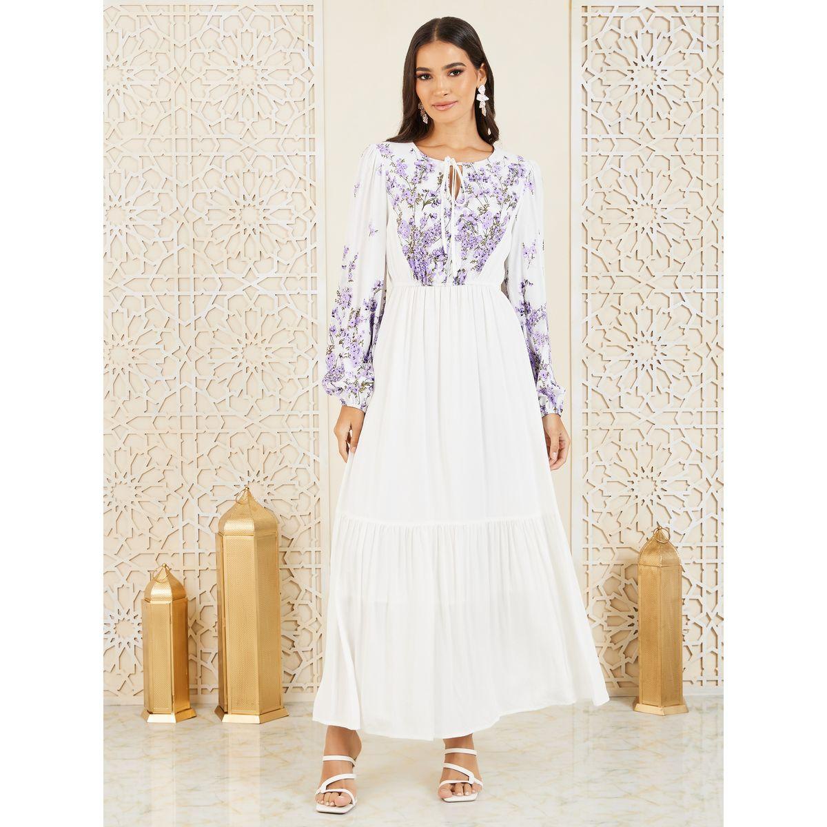 فستان طويل بكسرات مع ياقة بأربطة-women-clothing-dresses-image-1