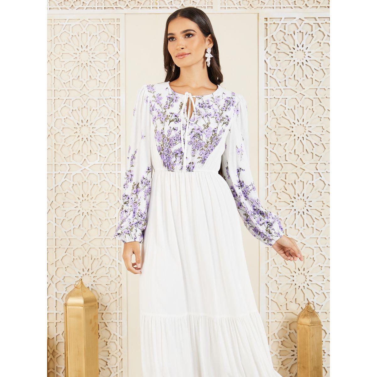 فستان طويل بكسرات مع ياقة بأربطة-women-clothing-dresses-image-2
