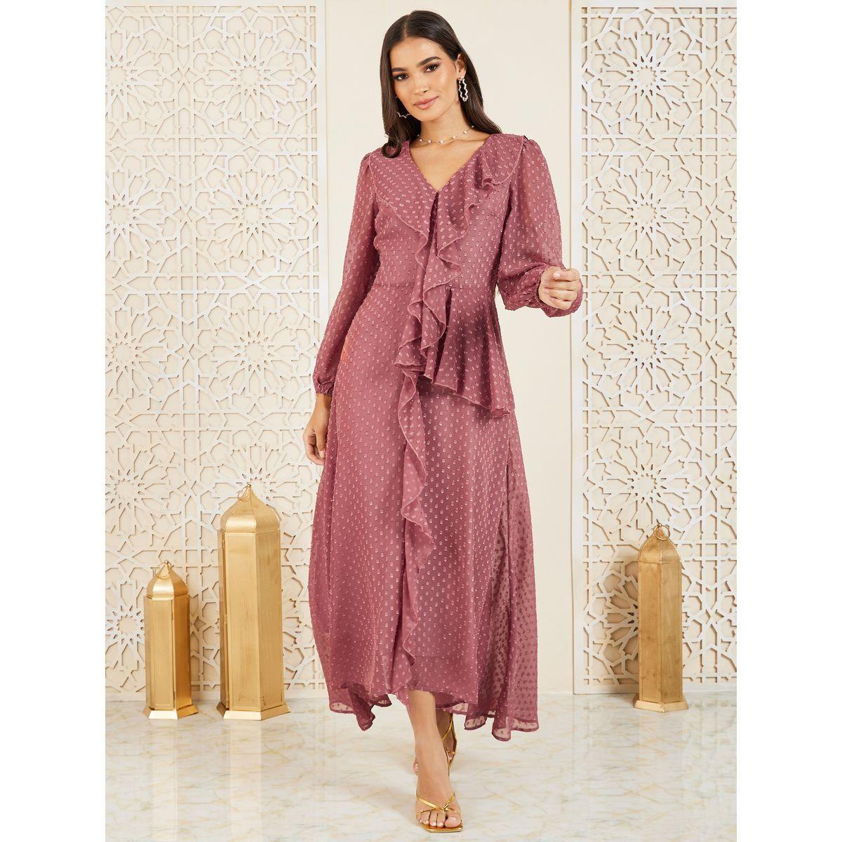 Styli Dobby Ruffle Detail A-Line Maxi Dress-women-clothing-dresses-image-1
