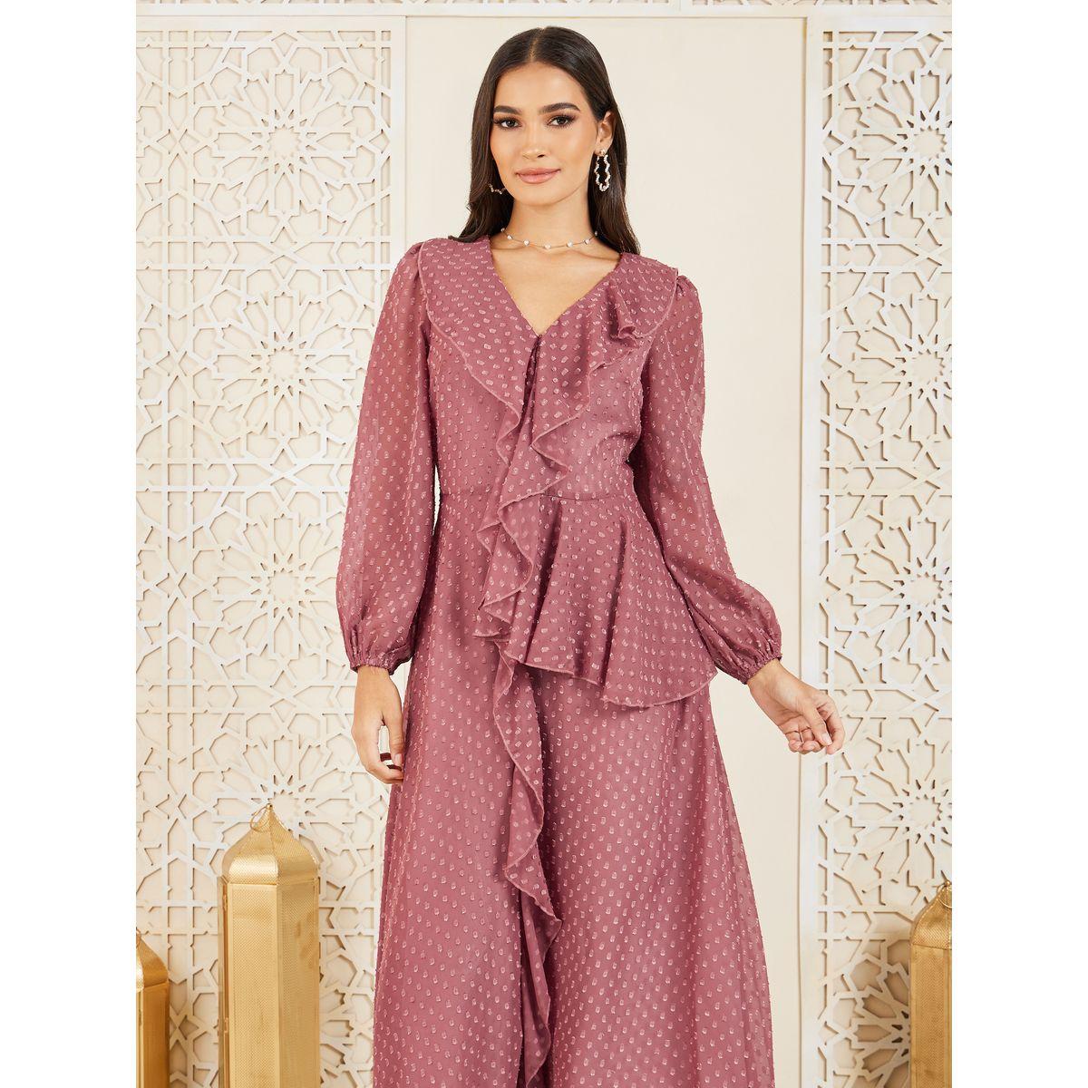 Styli Dobby Ruffle Detail A-Line Maxi Dress-women-clothing-dresses-image-2