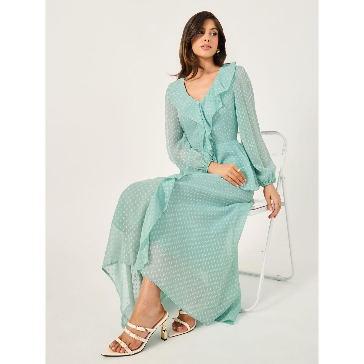 Styli Dobby Ruffle Detail A-Line Maxi Dress-women-clothing-dresses-image-1