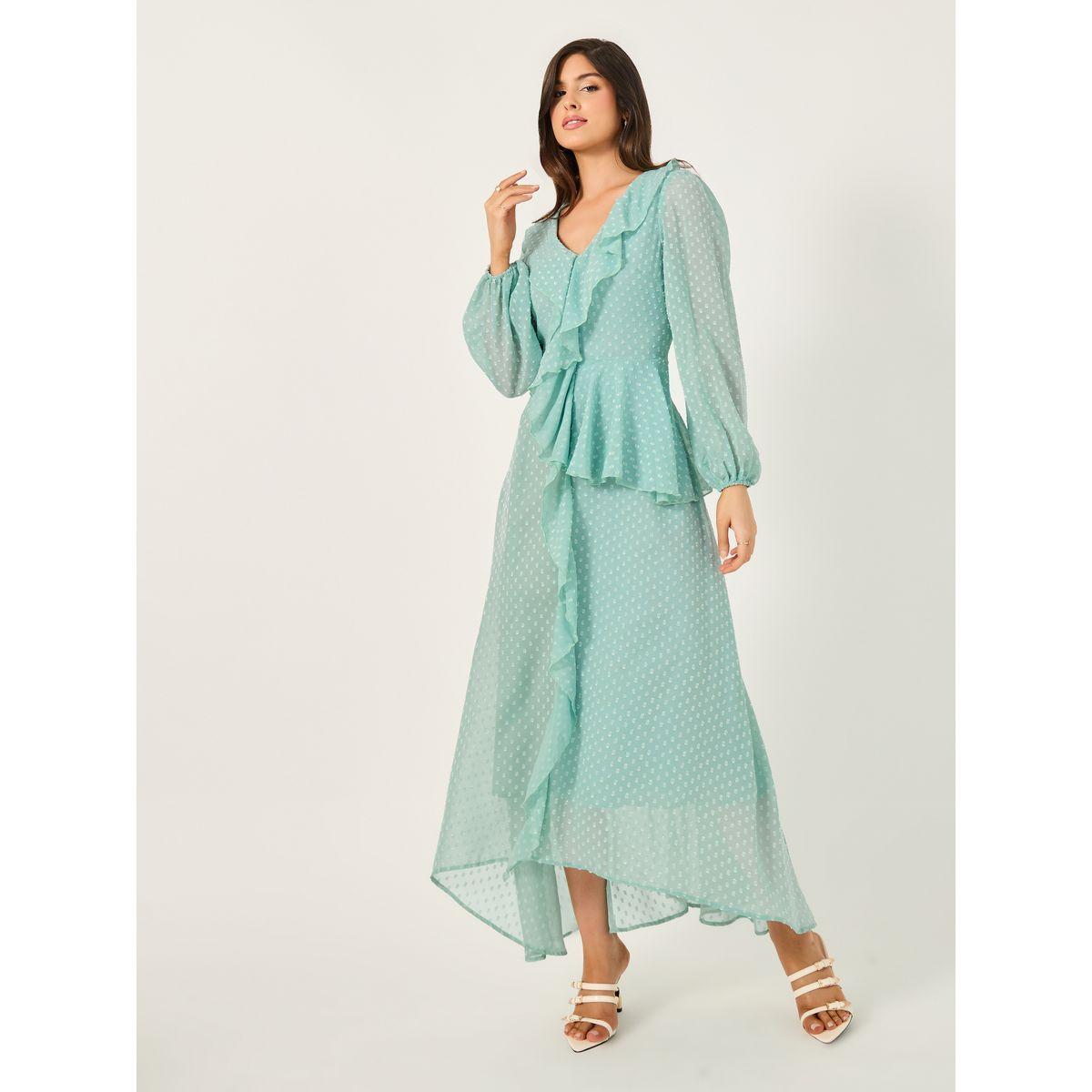 Styli Dobby Ruffle Detail A-Line Maxi Dress-women-clothing-dresses-image-2