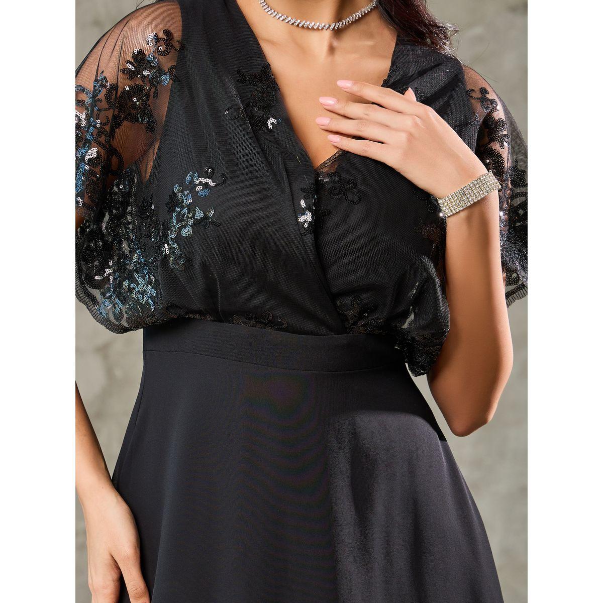 Styli Sequin Detail Mesh Sleeves Asymmetric Hem A-Line Maxi Dress-women-clothing-dresses-image-3