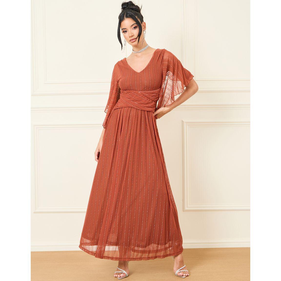 Styli Self Design Striped Frill Sleeves A-Line Maxi Dress-women-clothing-dresses-image-1