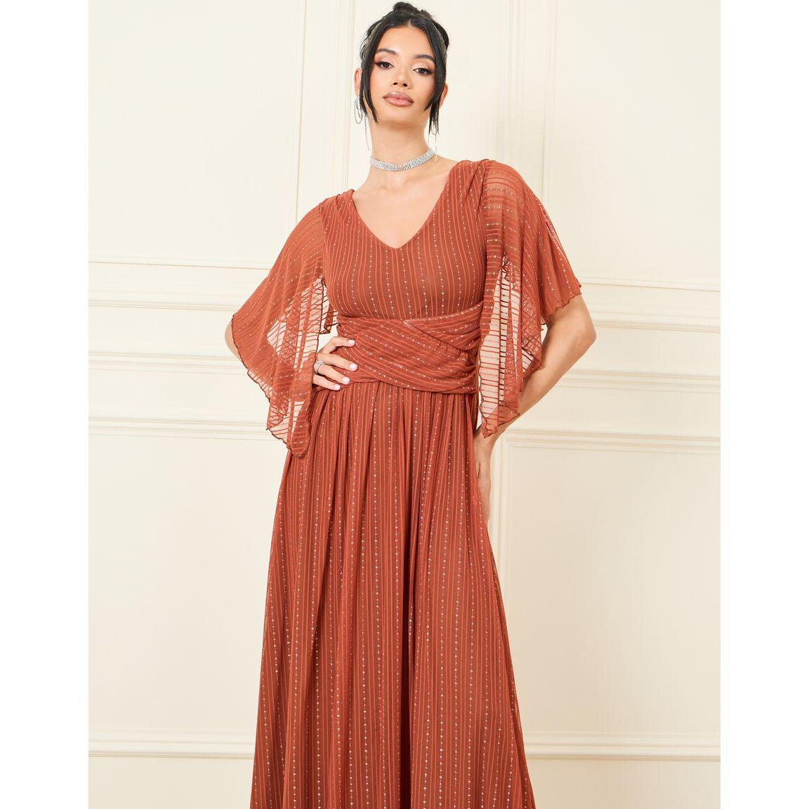 Styli Self Design Striped Frill Sleeves A-Line Maxi Dress-women-clothing-dresses-image-2