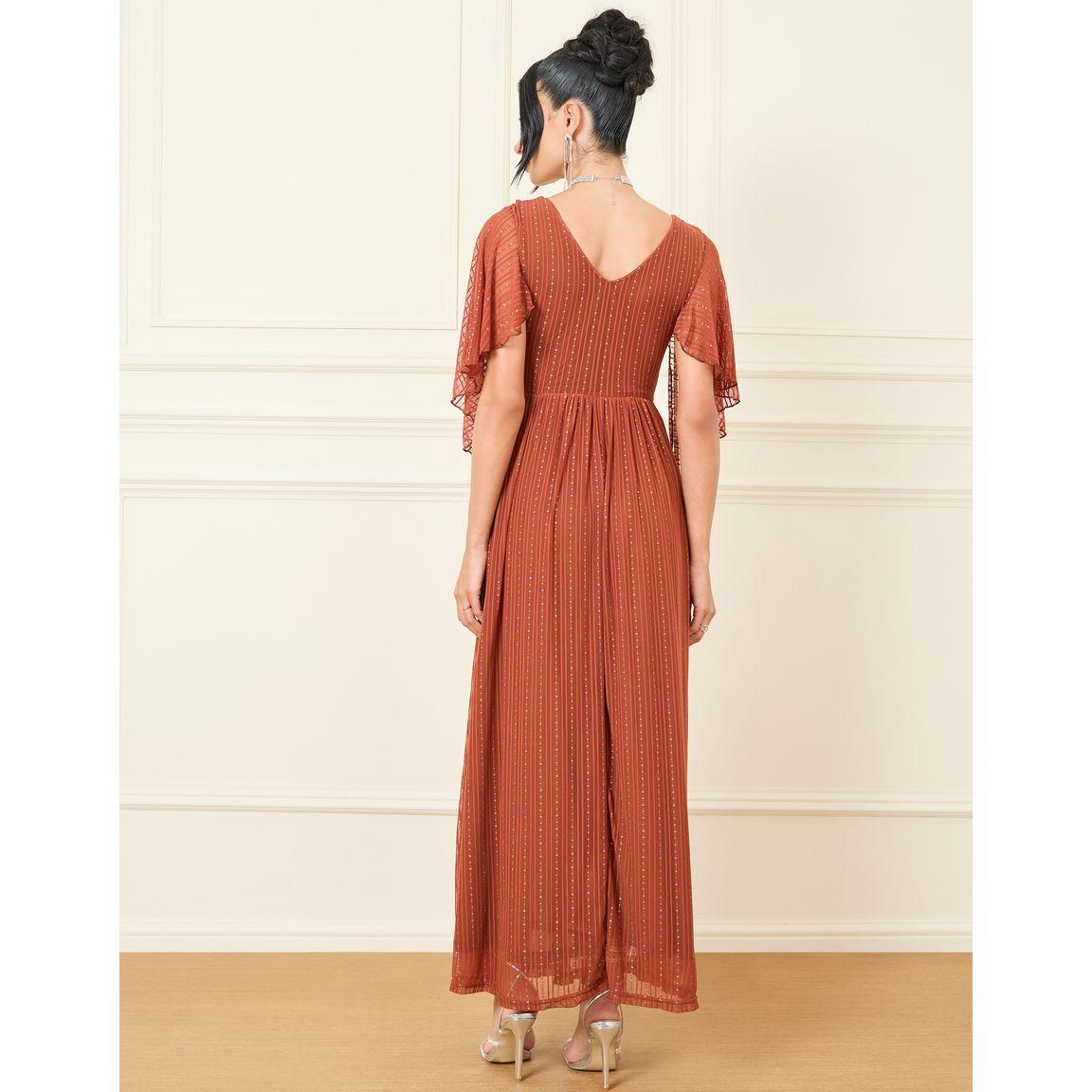 Styli Self Design Striped Frill Sleeves A-Line Maxi Dress-women-clothing-dresses-image-4