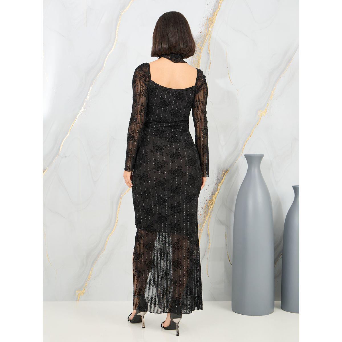 Styli Jacquard Texture Mesh Bodycon Maxi Dress with Side Slit-women-clothing-dresses-image-4