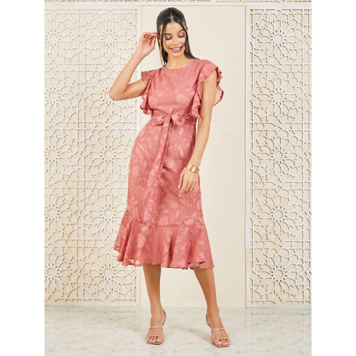 Styli Burnout Texture Self Tie Up A-Line Dress-women-clothing-dresses-image-1