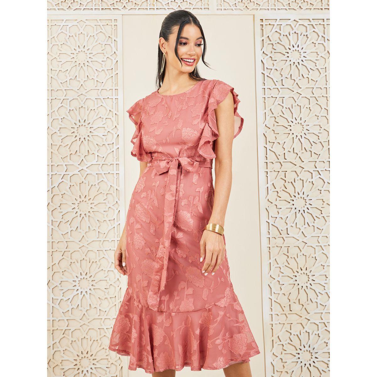 Styli Burnout Texture Self Tie Up A-Line Dress-women-clothing-dresses-image-2