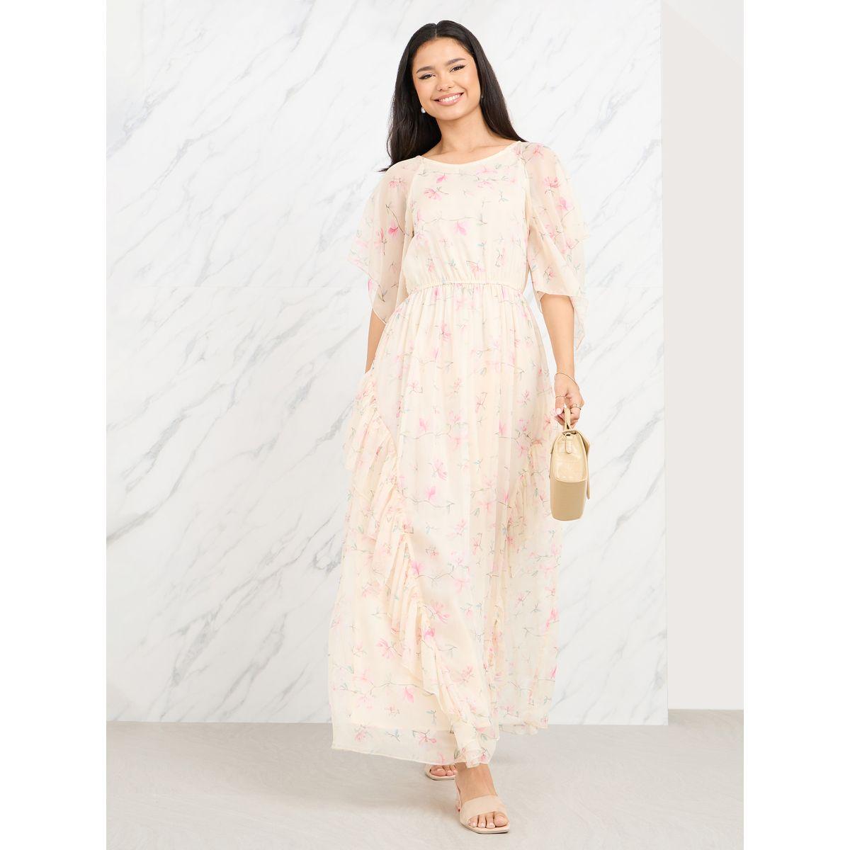 Styli Floral Print Cape Sleeves A-Line Maxi Dress-women-clothing-dresses-image-1