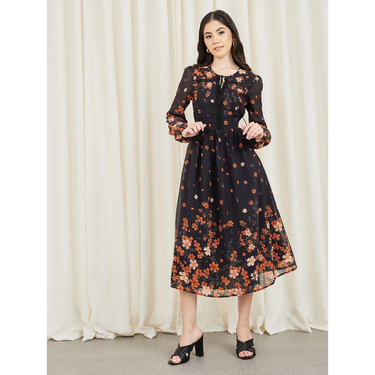 Styli Floral Print Lace Detail Tie Up Neck Shift Midi Dress-women-clothing-dresses-image-1