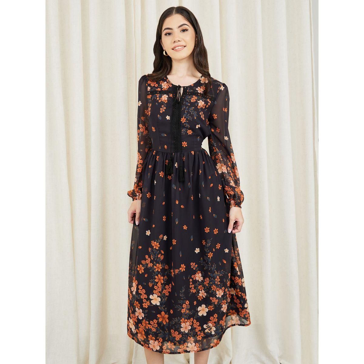 Styli Floral Print Lace Detail Tie Up Neck Shift Midi Dress-women-clothing-dresses-image-2