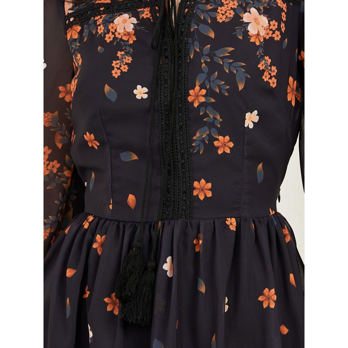 Styli Floral Print Lace Detail Tie Up Neck Shift Midi Dress-women-clothing-dresses-image-3