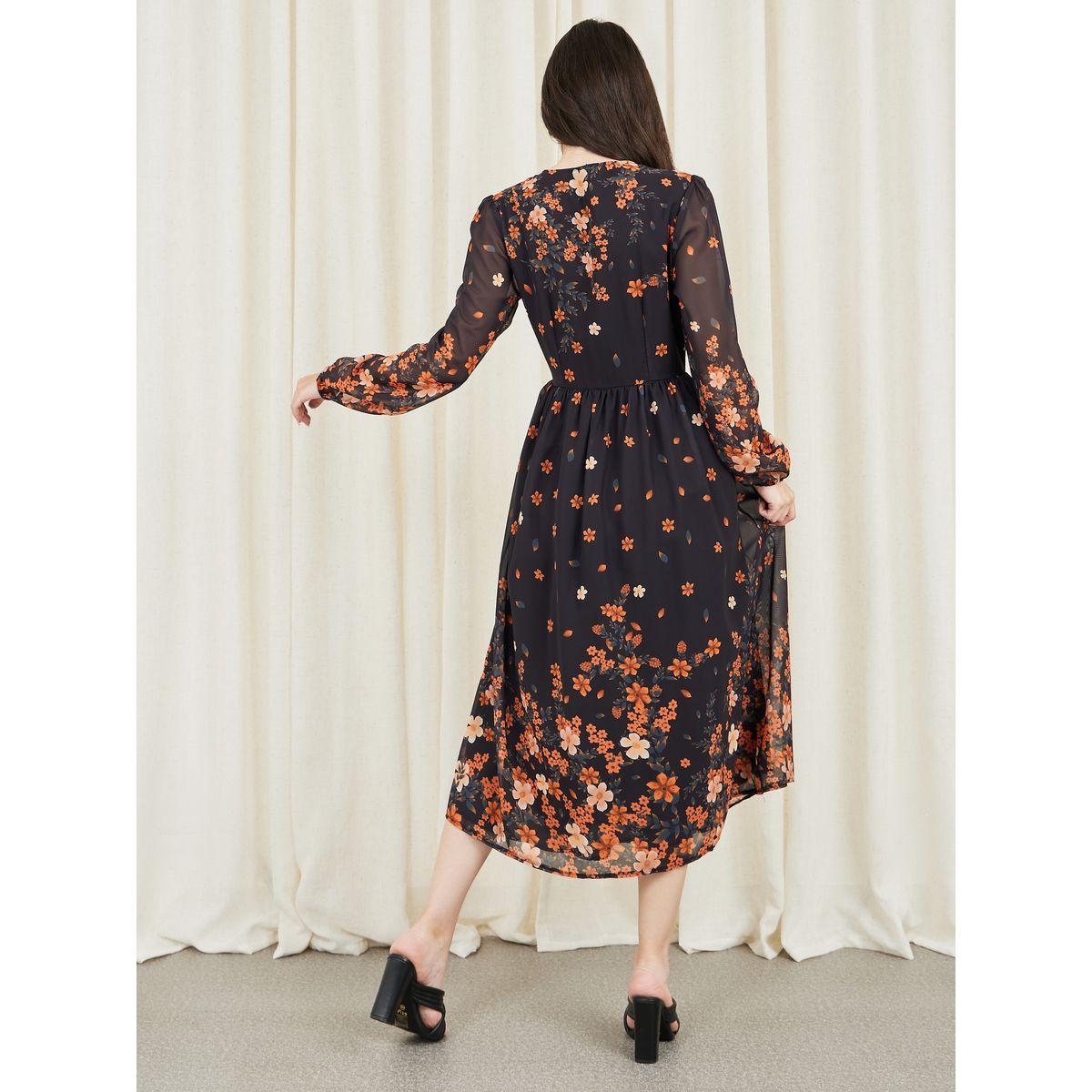 Styli Floral Print Lace Detail Tie Up Neck Shift Midi Dress-women-clothing-dresses-image-4