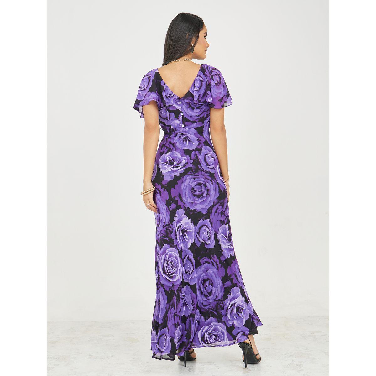 Styli Rose Print Cape Sleeves V Neck A-Line Maxi Dress-women-clothing-dresses-image-5