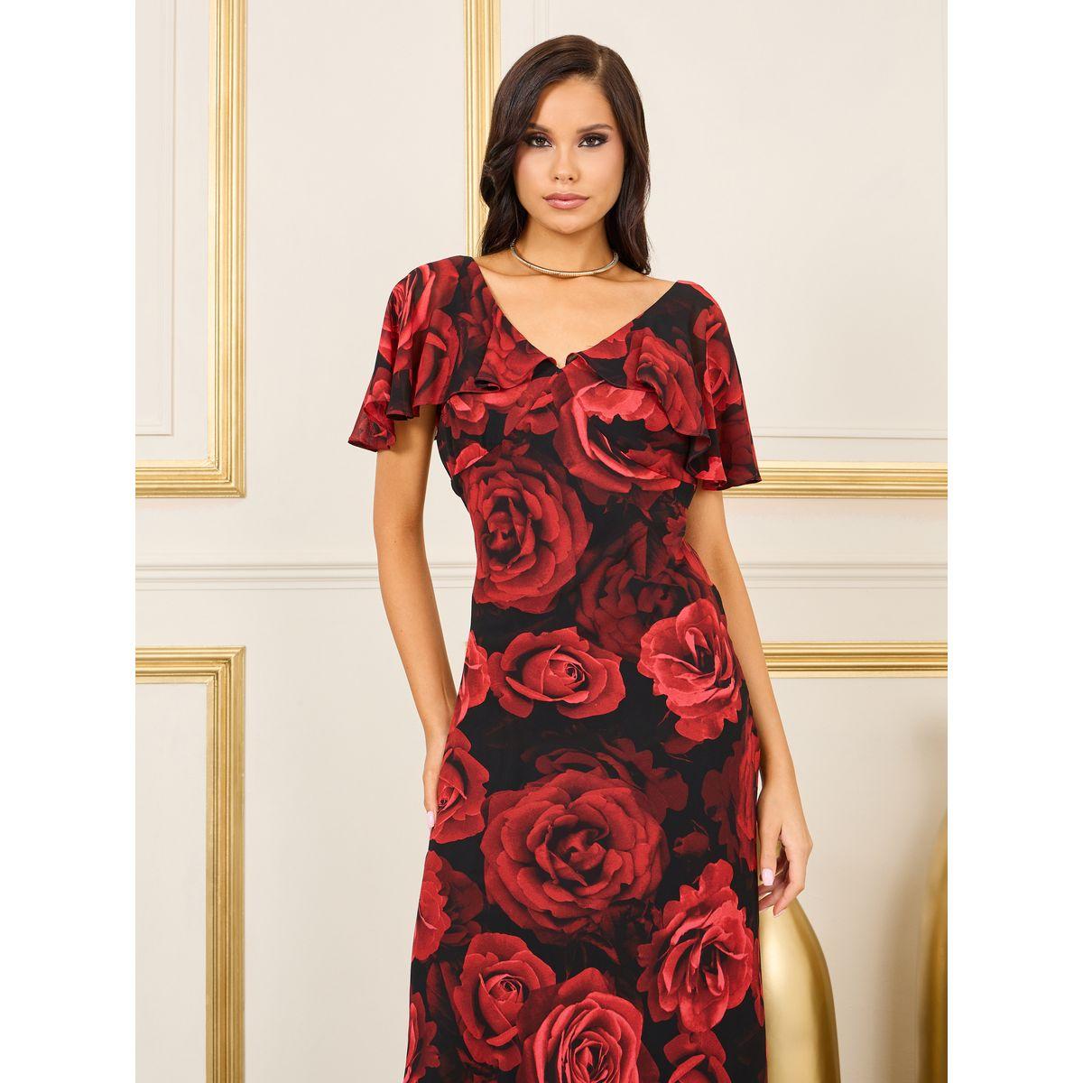 Styli Rose Print Cape Sleeves V Neck A-Line Maxi Dress-women-clothing-dresses-image-2