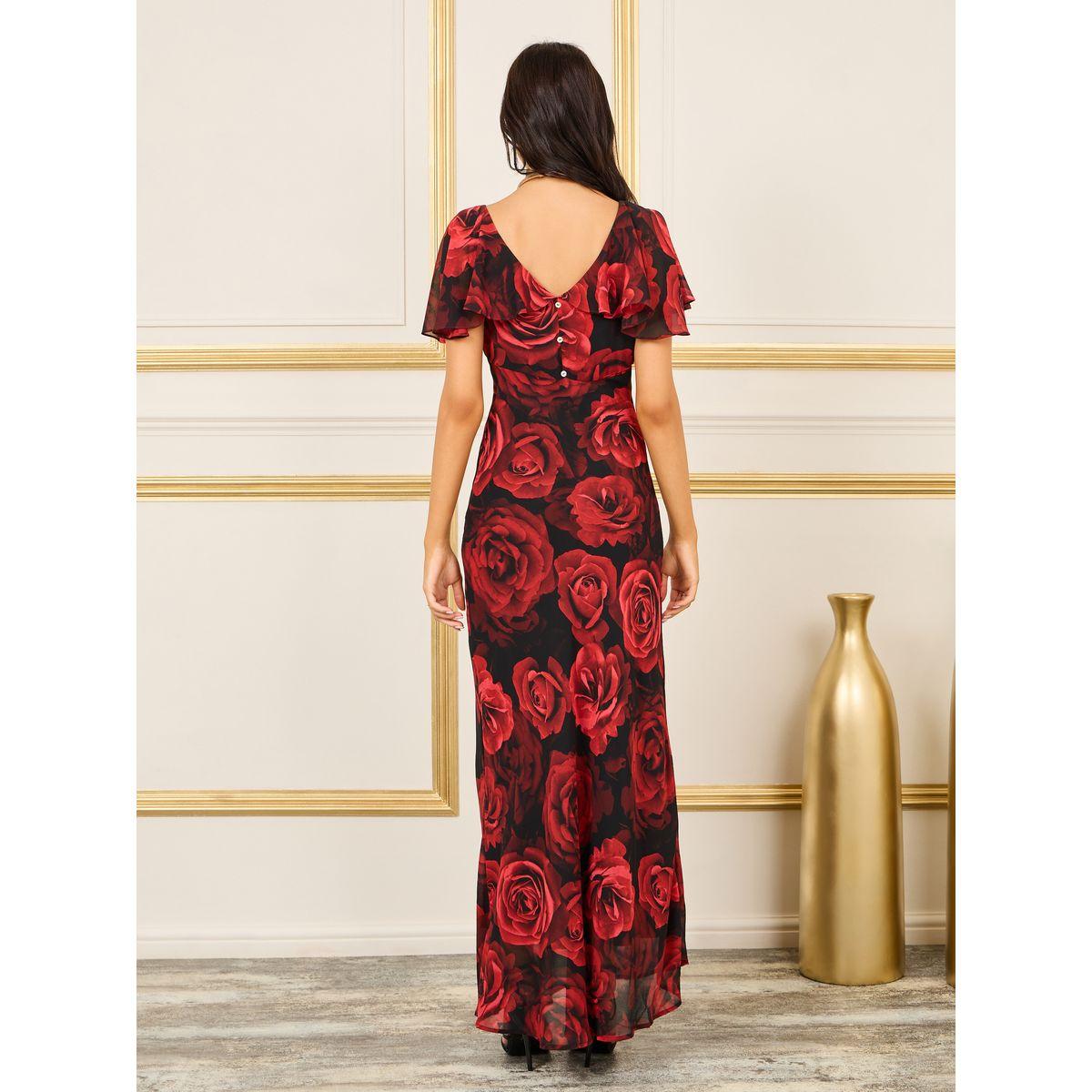 Styli Rose Print Cape Sleeves V Neck A-Line Maxi Dress-women-clothing-dresses-image-4