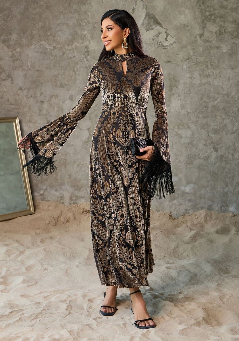 Shop Styli Velvet Boho Print Tassel Trim Sleeves A-Line Maxi Dress
