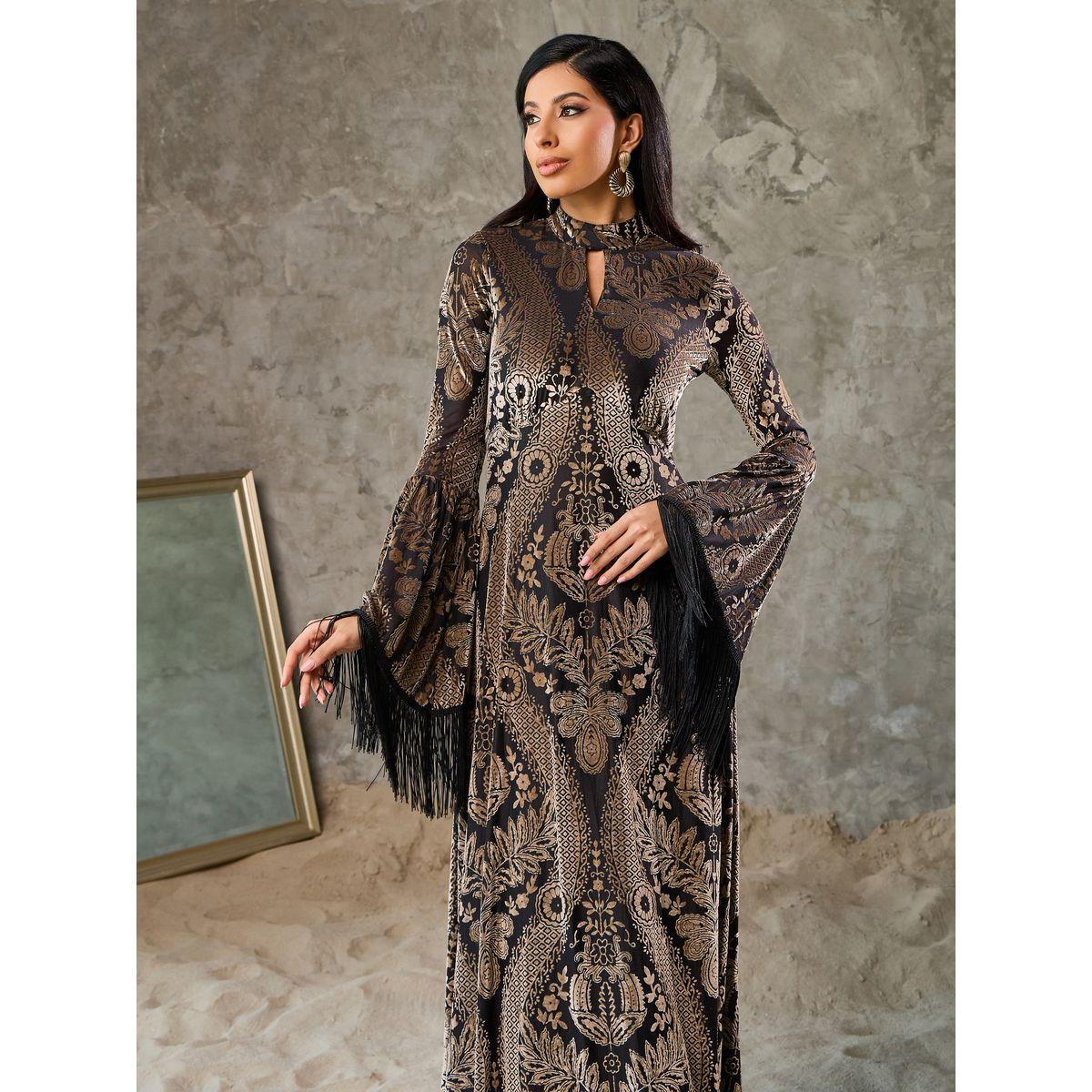 Styli Velvet Boho Print Tassel Trim Sleeves A-Line Maxi Dress-women-clothing-dresses-image-2