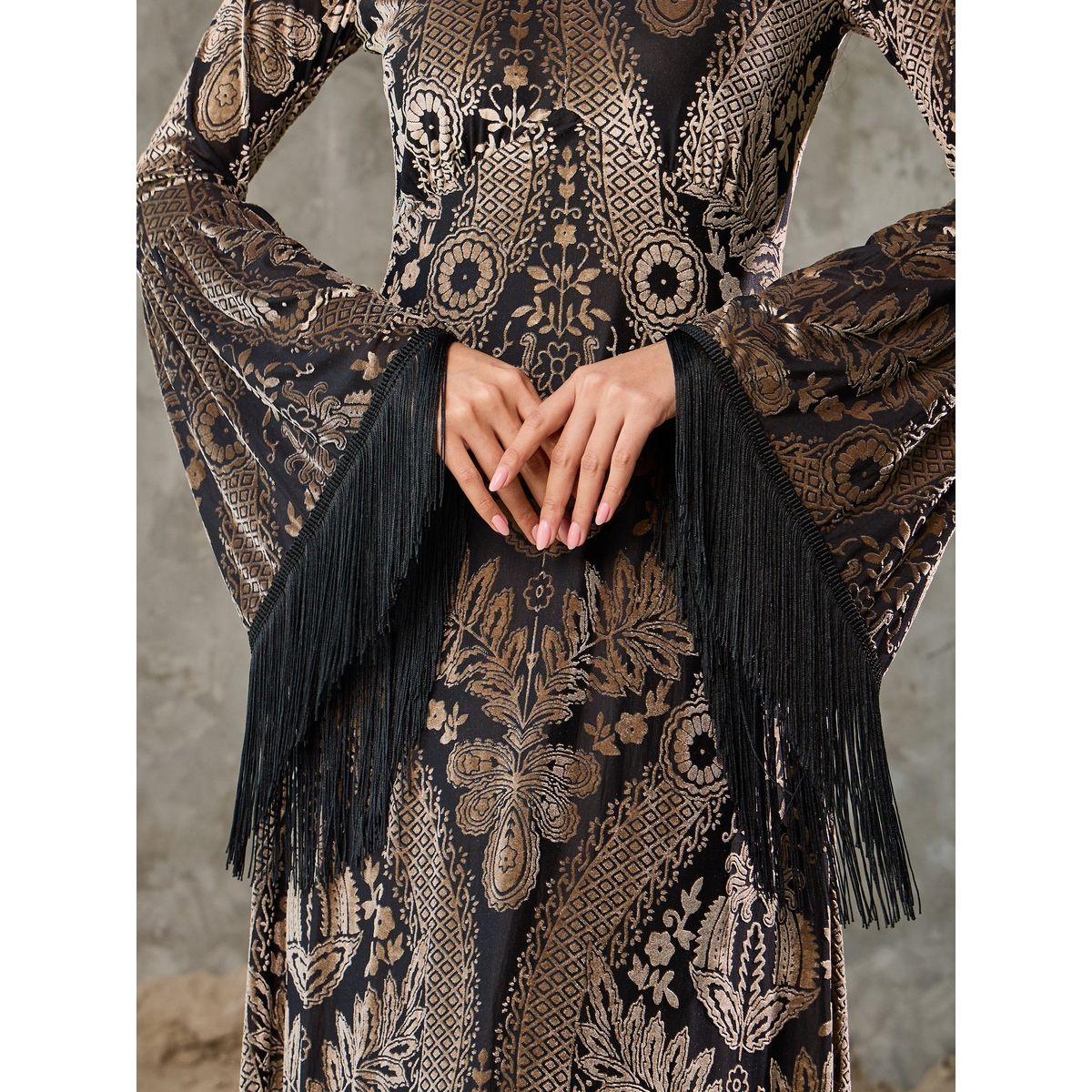 Styli Velvet Boho Print Tassel Trim Sleeves A-Line Maxi Dress-women-clothing-dresses-image-3