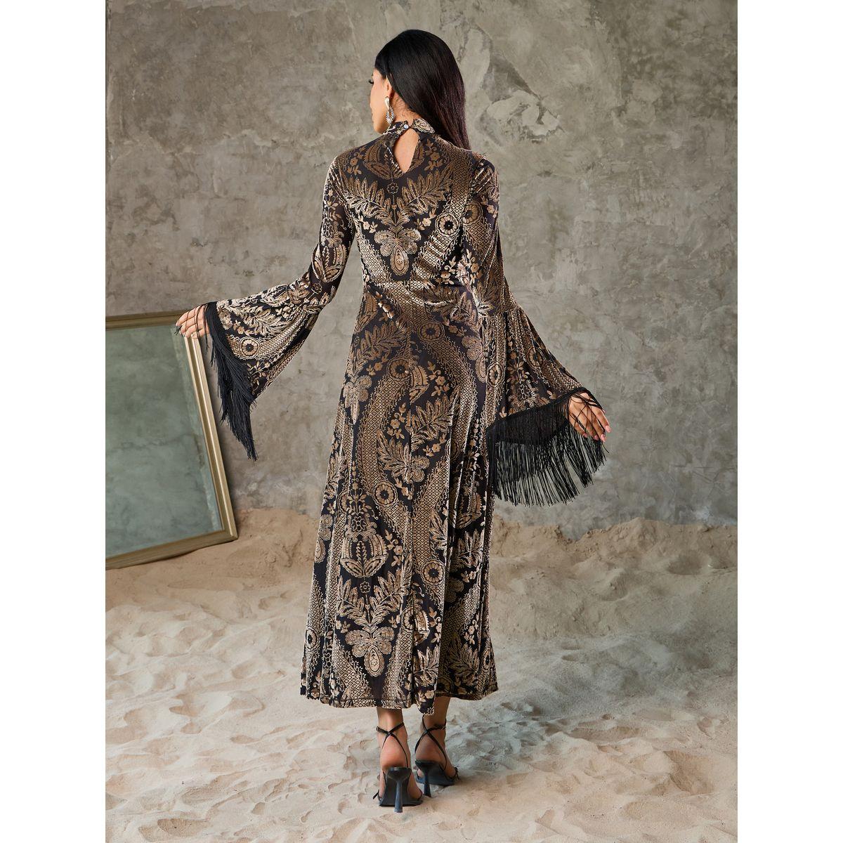 Styli Velvet Boho Print Tassel Trim Sleeves A-Line Maxi Dress-women-clothing-dresses-image-4