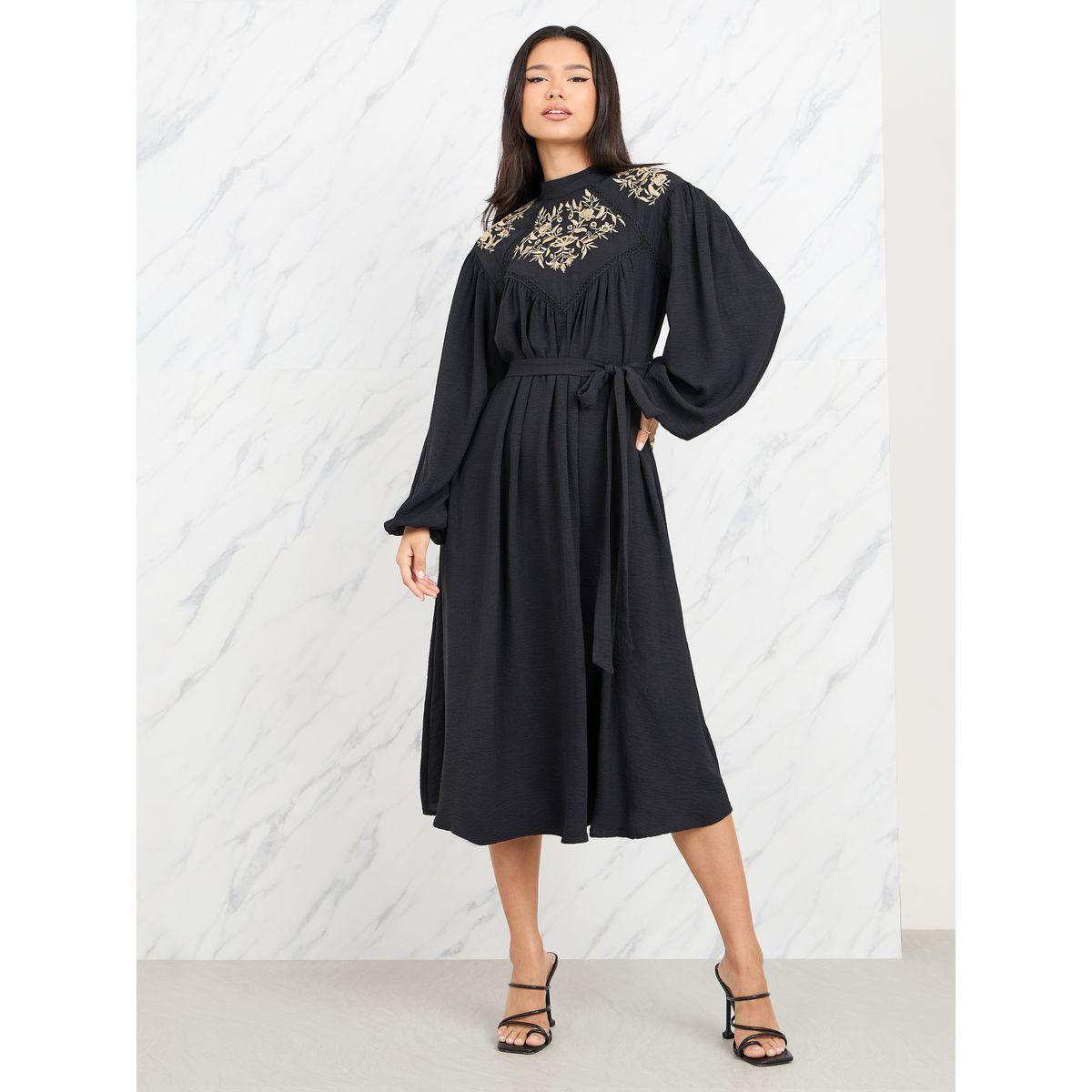 فستان ميدي بتداخلات دانتيل مع رباط خصر-women-clothing-dresses-image-1