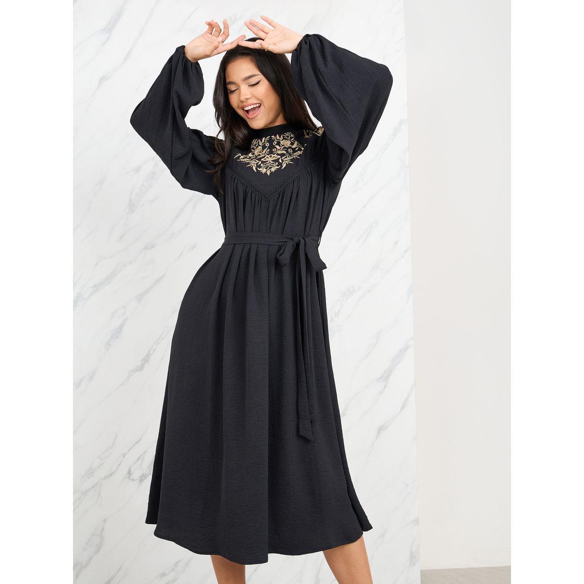 فستان ميدي بتداخلات دانتيل مع رباط خصر-women-clothing-dresses-image-2