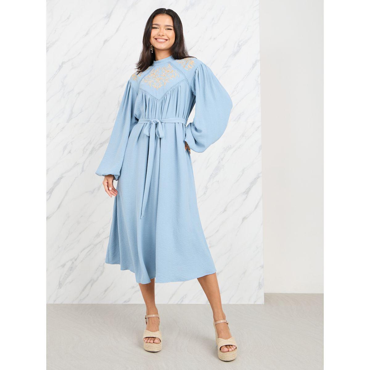Styli Embroidered Lace Insert Shift Midi Dress with Self Tie Up-women-clothing-dresses-image-1