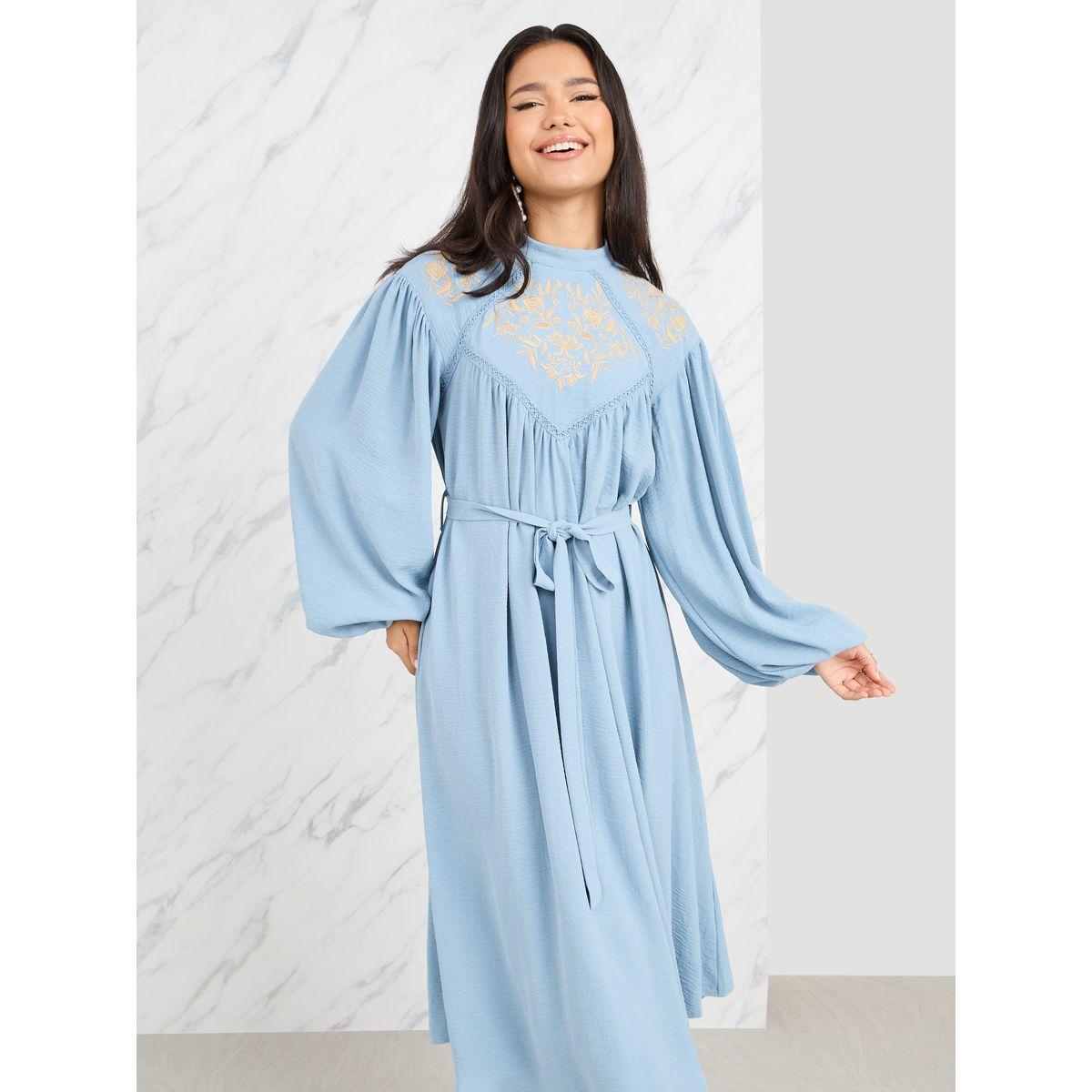 Styli Embroidered Lace Insert Shift Midi Dress with Self Tie Up-women-clothing-dresses-image-2