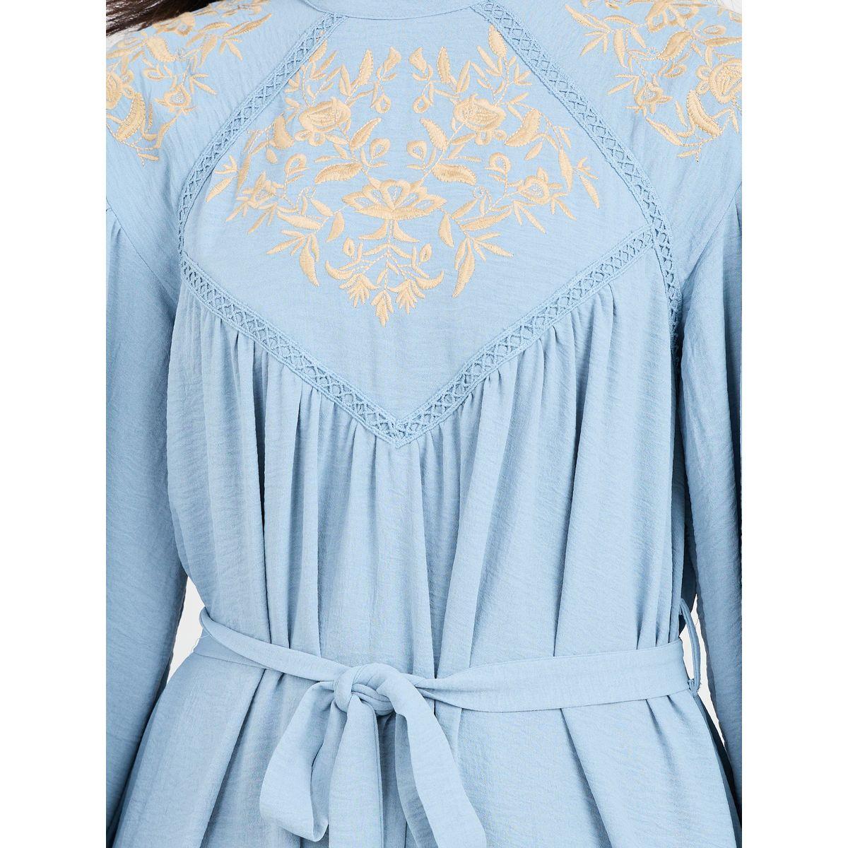 Styli Embroidered Lace Insert Shift Midi Dress with Self Tie Up-women-clothing-dresses-image-3