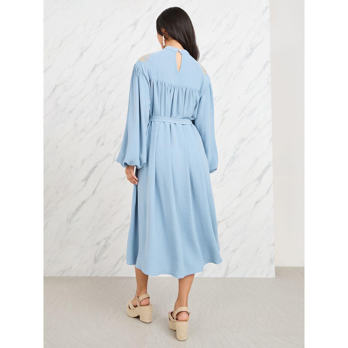 Styli Embroidered Lace Insert Shift Midi Dress with Self Tie Up-women-clothing-dresses-image-4