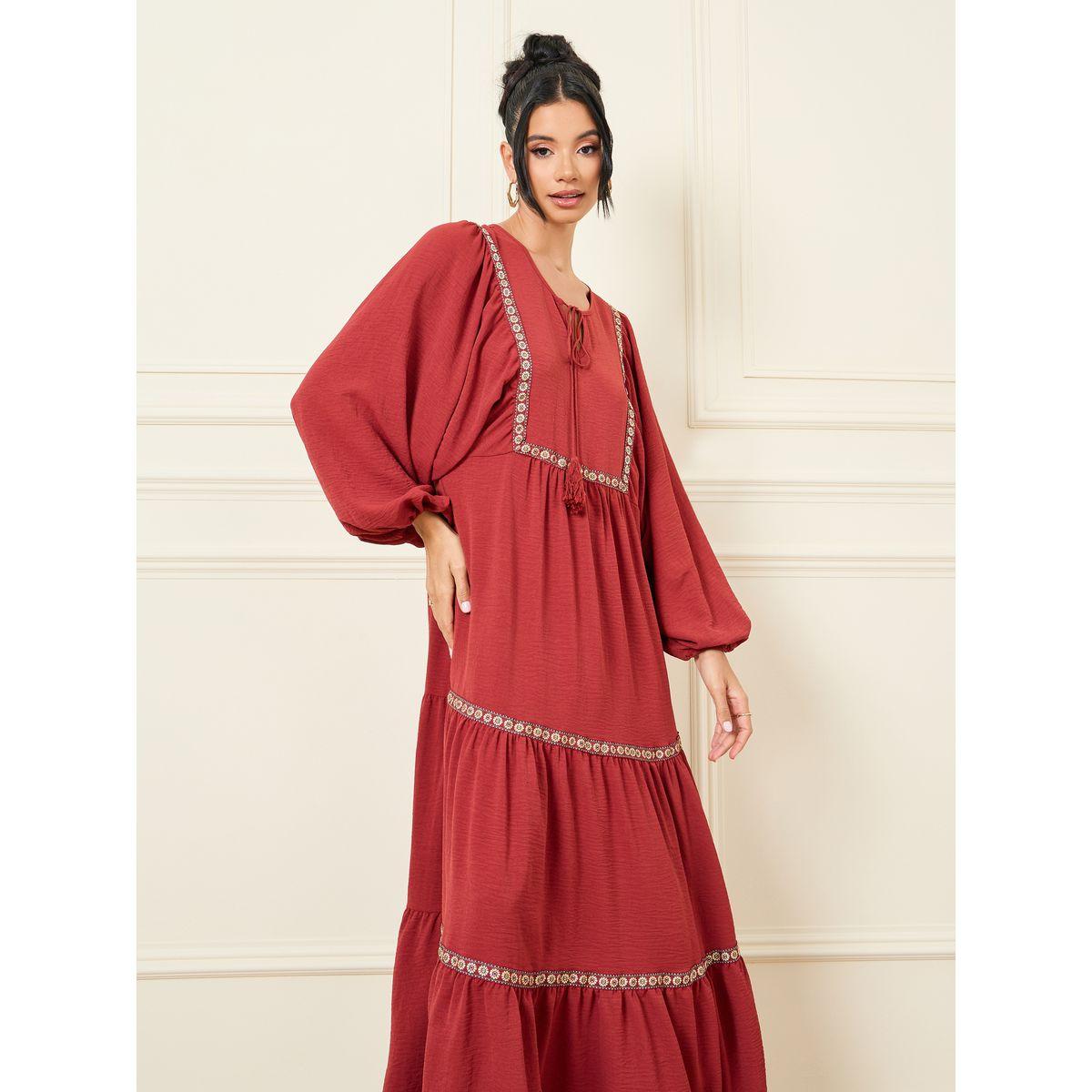 Styli Embroidered Lace Detail Tie Up Neck Tiered Maxi Dress-women-clothing-dresses-image-2