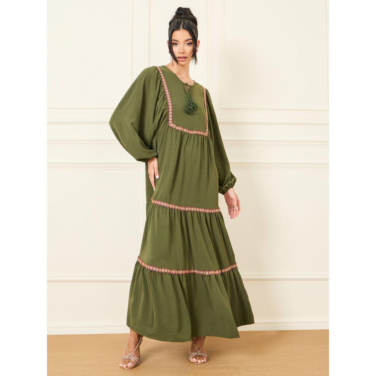 Styli Embroidered Lace Detail Tie Up Neck Tiered Maxi Dress-women-clothing-dresses-image-1