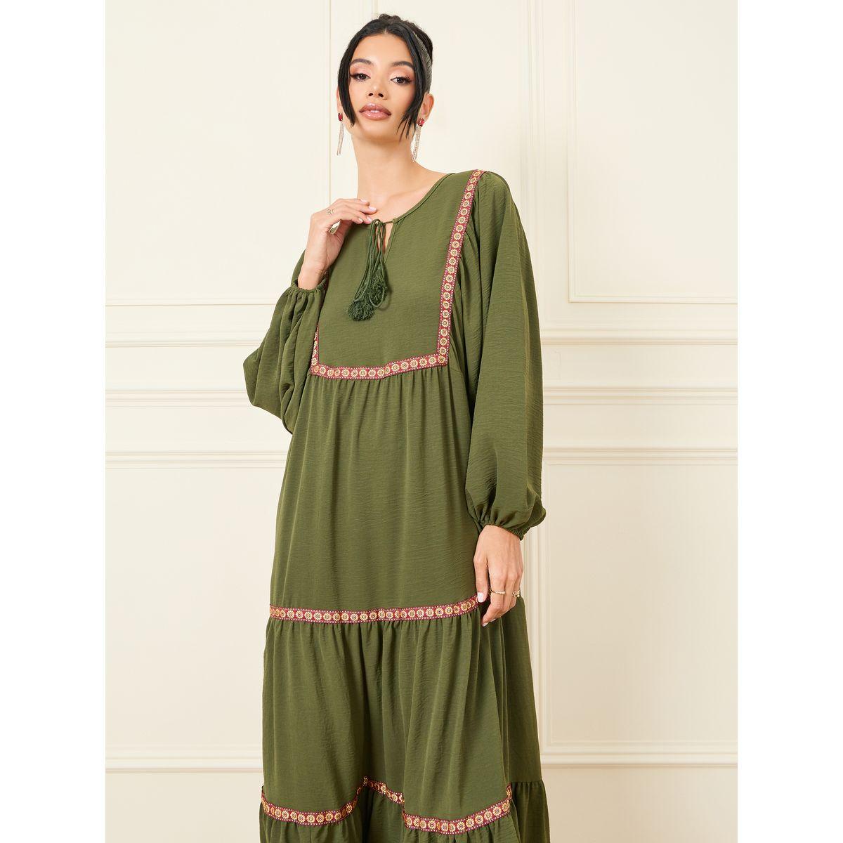 Styli Embroidered Lace Detail Tie Up Neck Tiered Maxi Dress-women-clothing-dresses-image-2