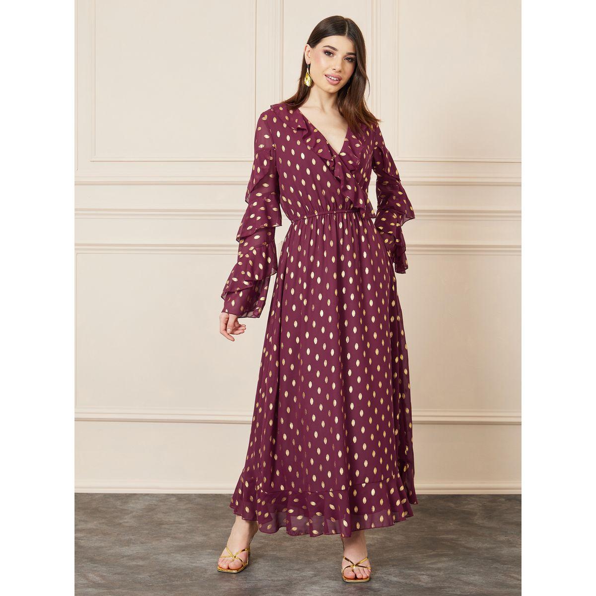 Styli Foil Print Ruffle Detail Layer Sleeves A-Line Maxi Dress-women-clothing-dresses-image-1