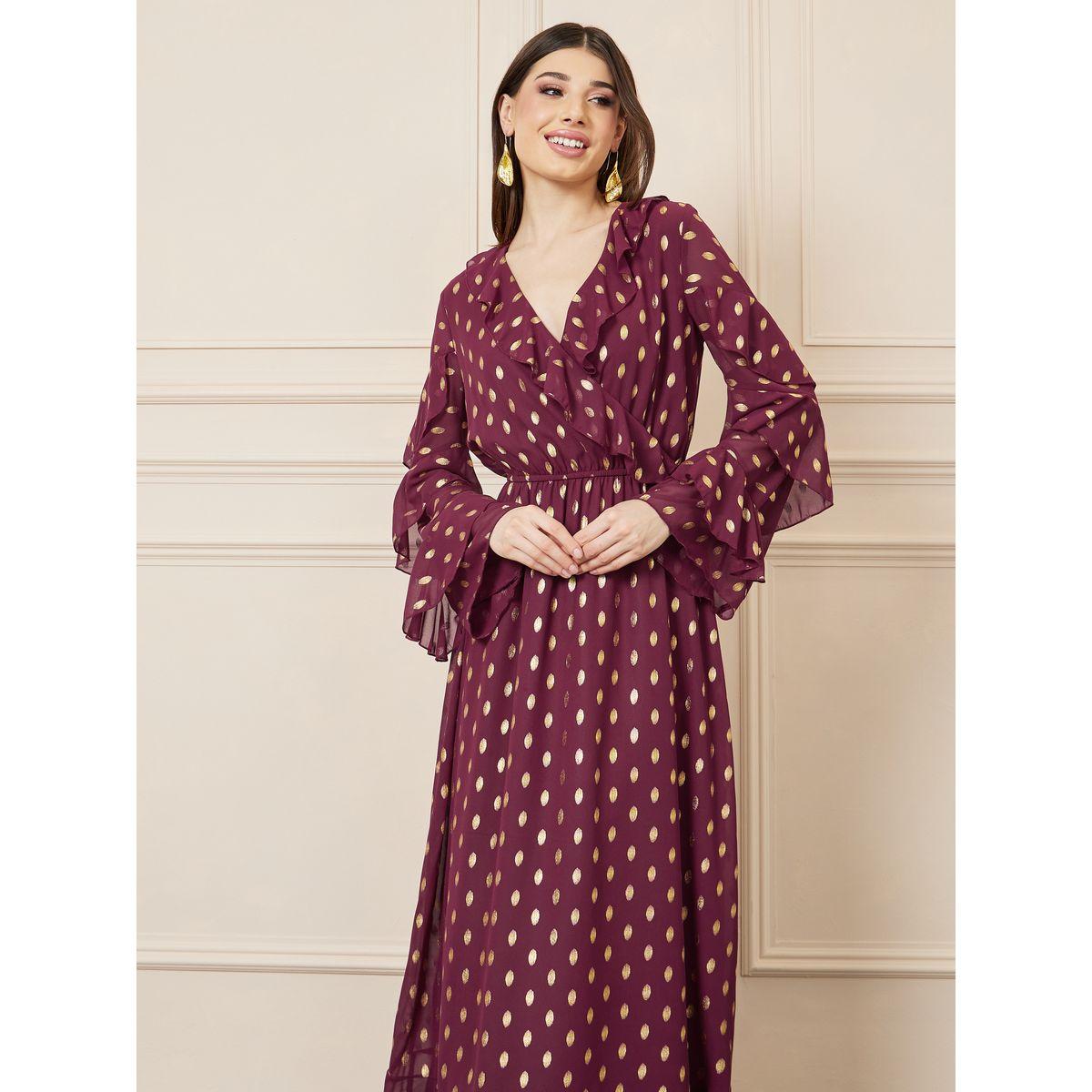 Styli Foil Print Ruffle Detail Layer Sleeves A-Line Maxi Dress-women-clothing-dresses-image-2