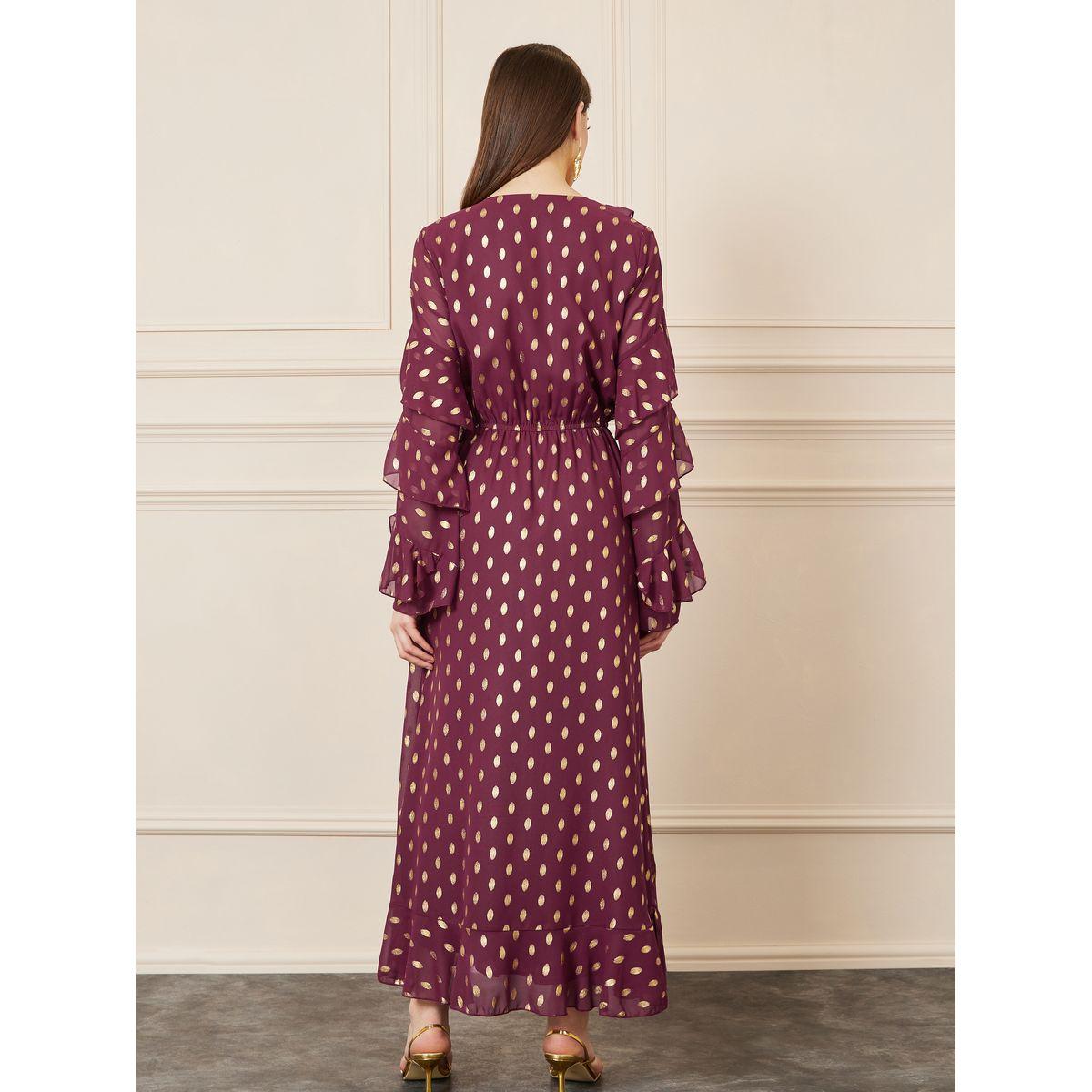 Styli Foil Print Ruffle Detail Layer Sleeves A-Line Maxi Dress-women-clothing-dresses-image-4